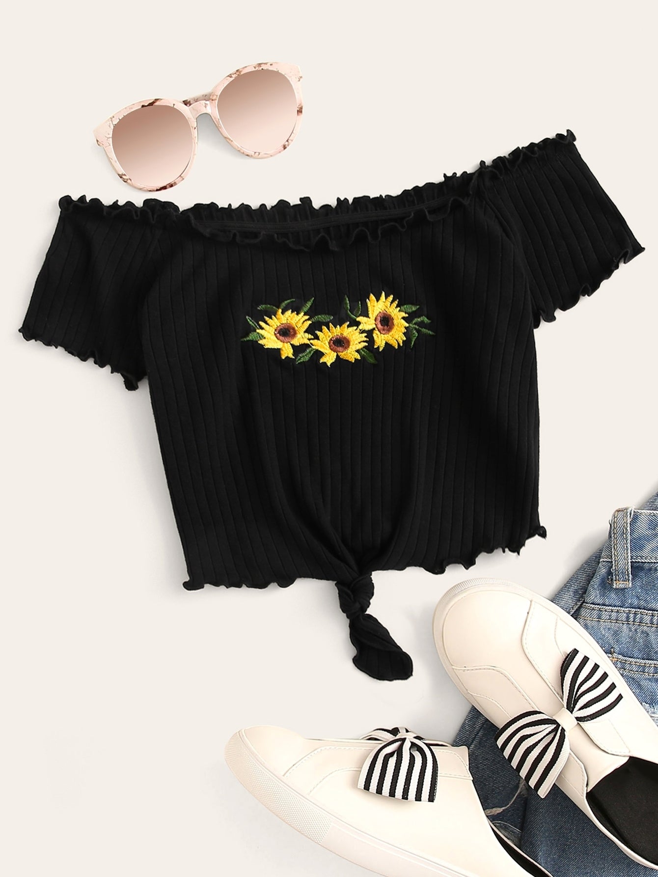 SHEIN Embroidered Sunflower Lettuce Trim Rib-knit Bardot Top