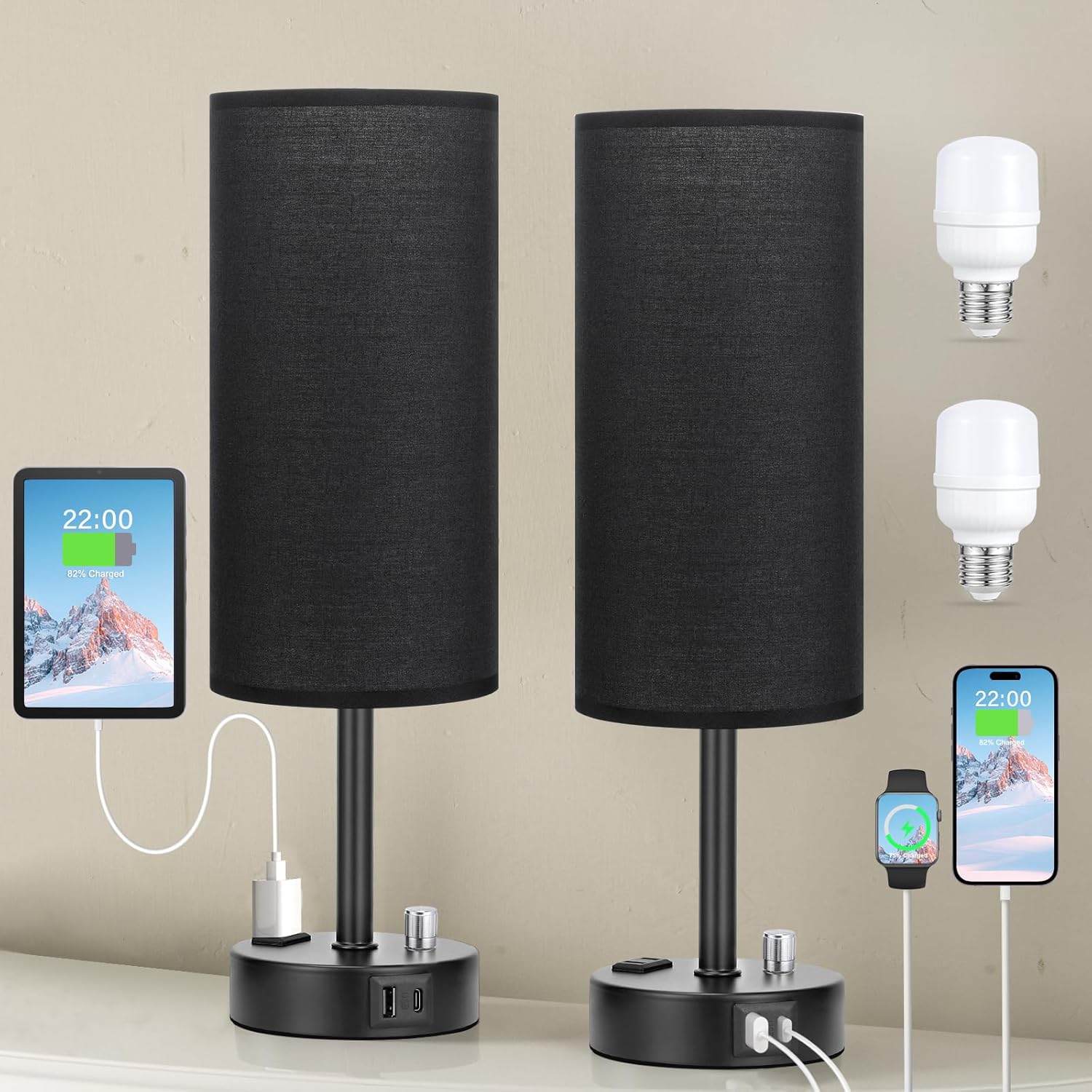 Bedside Table Lamp for Bedroom - 3 Way Dimmable Touch Lamp USB C Charging Ports and AC Outlet, Small Lamp Wood Base Round Flaxen Fabric Shade for Living Room, Desk, LED Bulb Included