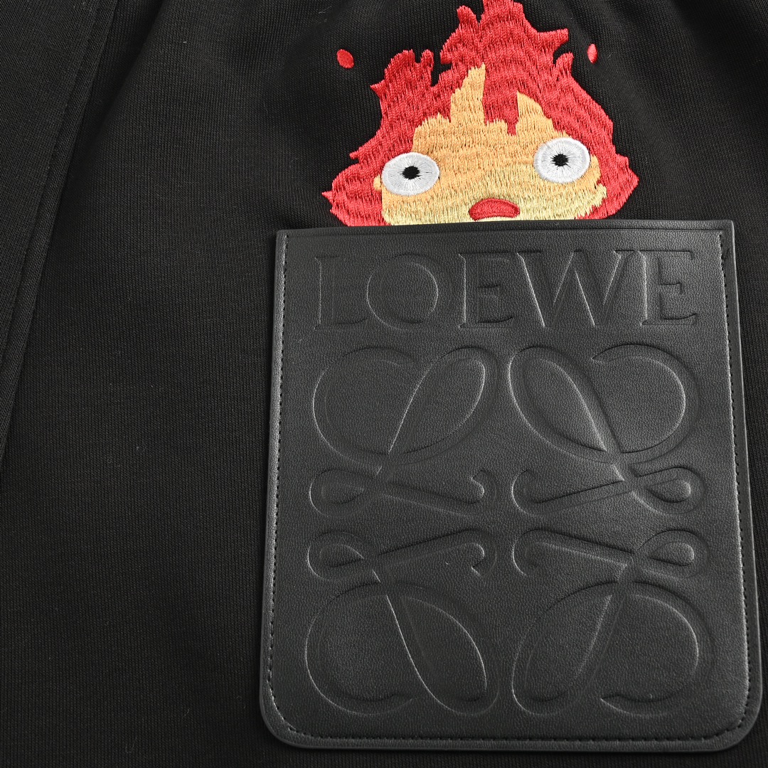 Loewe 23Fw leather patch pocket embroidered flame fleece trousers