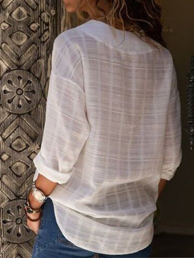 Women's Cotton Linen Fashion Simple Solid Color Casual V-Neck Long Sleeve Shirt