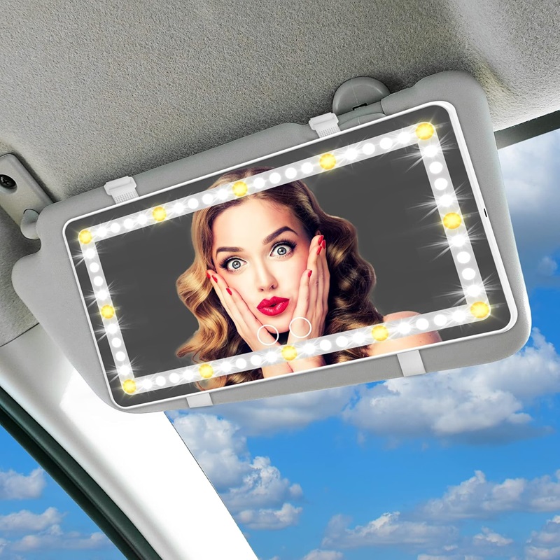 Car Sun Visor Vanity Mirror Rechargeable with Dimmable Touch Screen 3 Light Modes & 60 LEDs