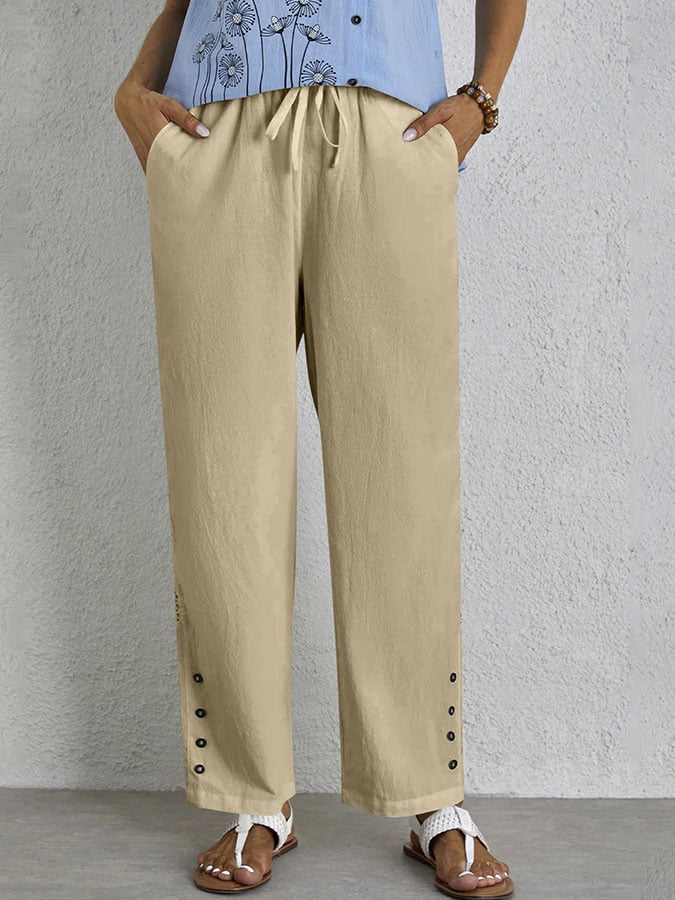 Casual Elegant Lace-Up With Pockets Buttons Lace Side Cotton Linen Trousers