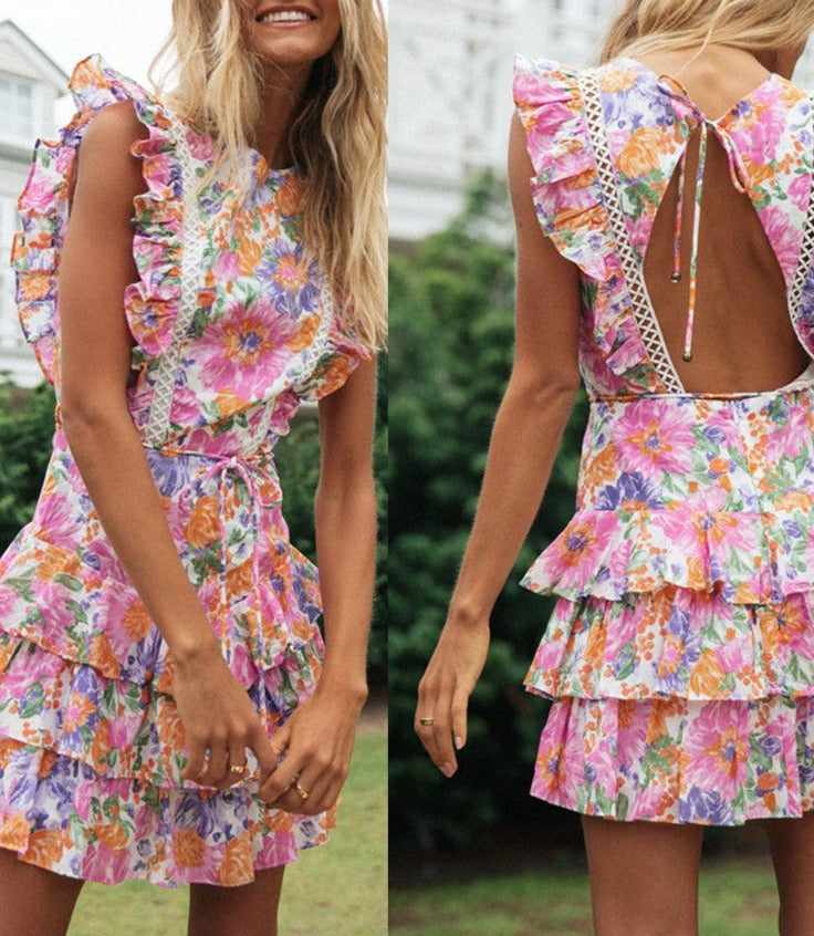 Women's Printed Round Neck Halter Cake Dress
