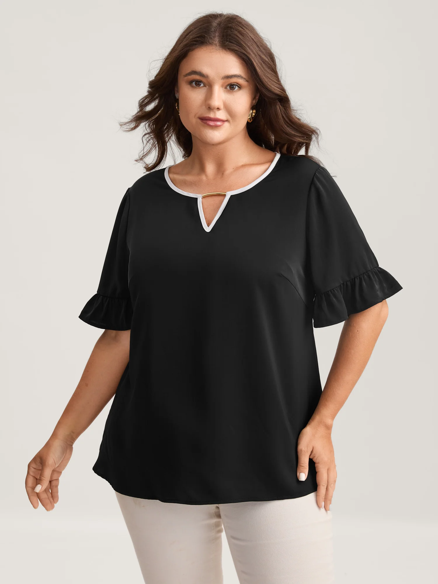 Metallic Detail Neck Cut-Out Blouse