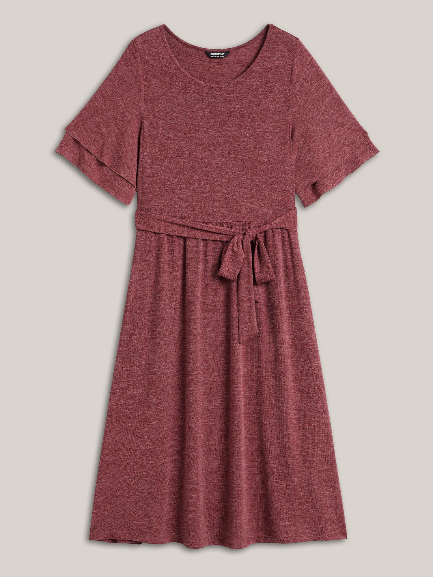 Layered Lotus Sleeve Belted Midi Knit Dress