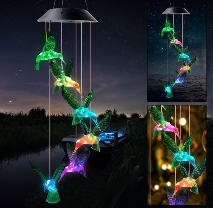 🎁🔥ON SALE - 45% OFF🔥Solar color-changing hummingbird wind chime-Rainbow Color Changing LED Lights,Six birds and it comes assembled.