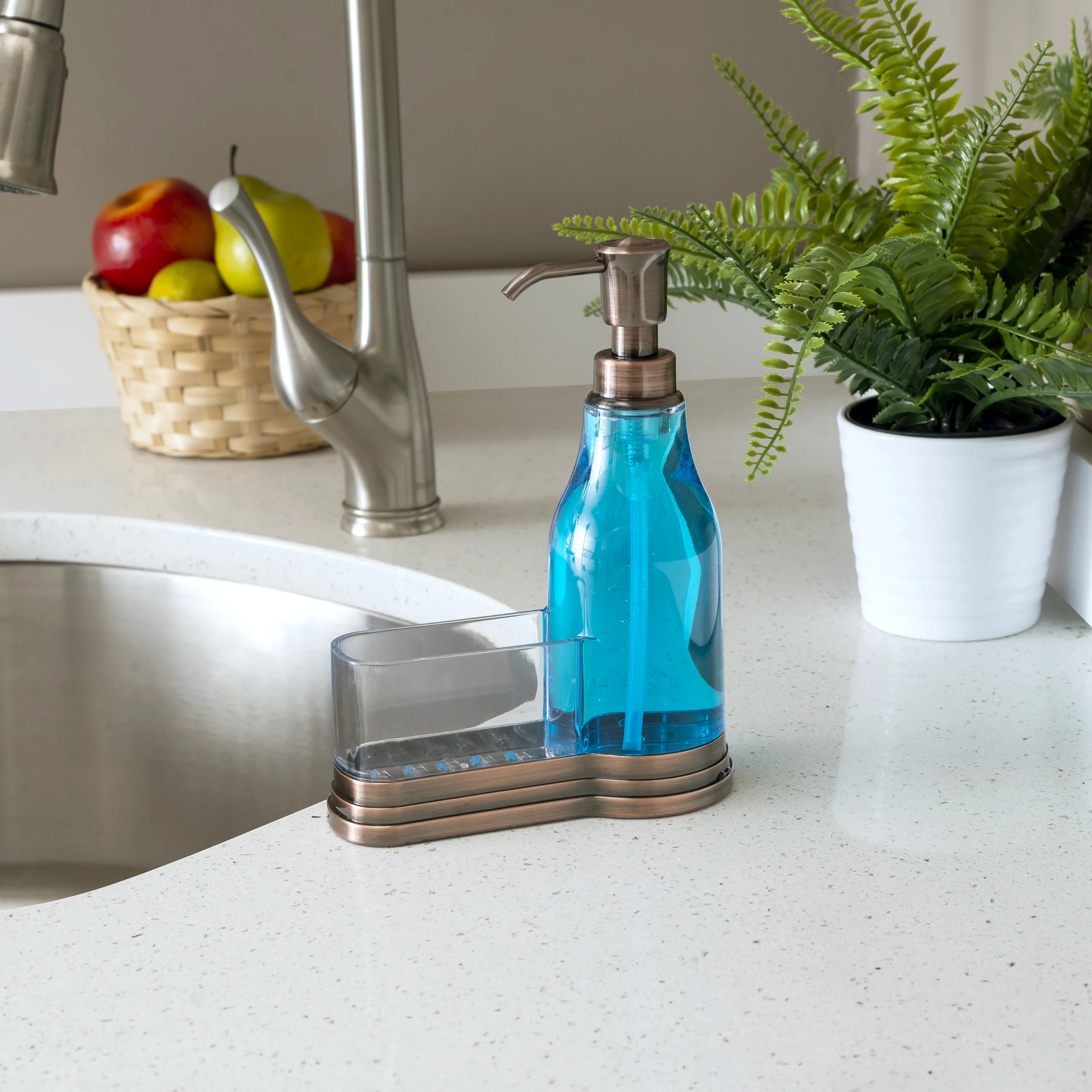 Home Basics Plastic Soap Dispenser with Brushed Steel Top and Sponge Holder, Bronze