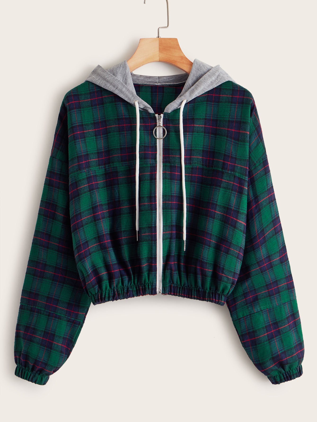 Plaid O-Ring Zip Up Drawstring Hooded Jacket
