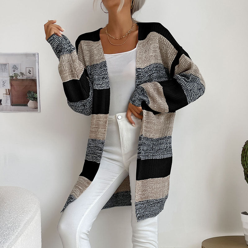 Graceful and Fashionable Women's Colorblock Sweater Coat without Buttons