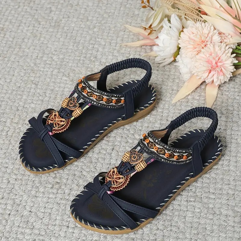 👣Women's rhinestone butterfly flat sandals, bohemian style open toe elastic summer sandals