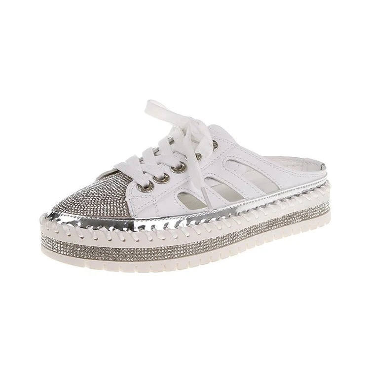 New Flat Platform Half Slippers Bling Mules Crystals Lace-Up Shoes