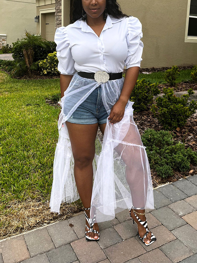 Button Shirt Mesh Hem Top
