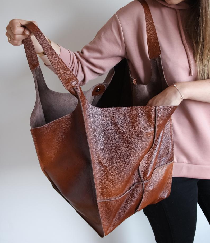 COGNAC LEATHER TOTE bag, Slouchy Tote, Cognac Handbag for Women, Every Day Bag, Women leather bag, Weekender Oversized bag