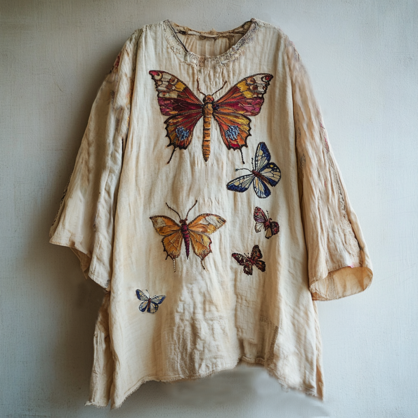 Women's Rainbow Butterfly And Dragonfly Embroidery Linen Art Floral Linen Round Neck Shirt