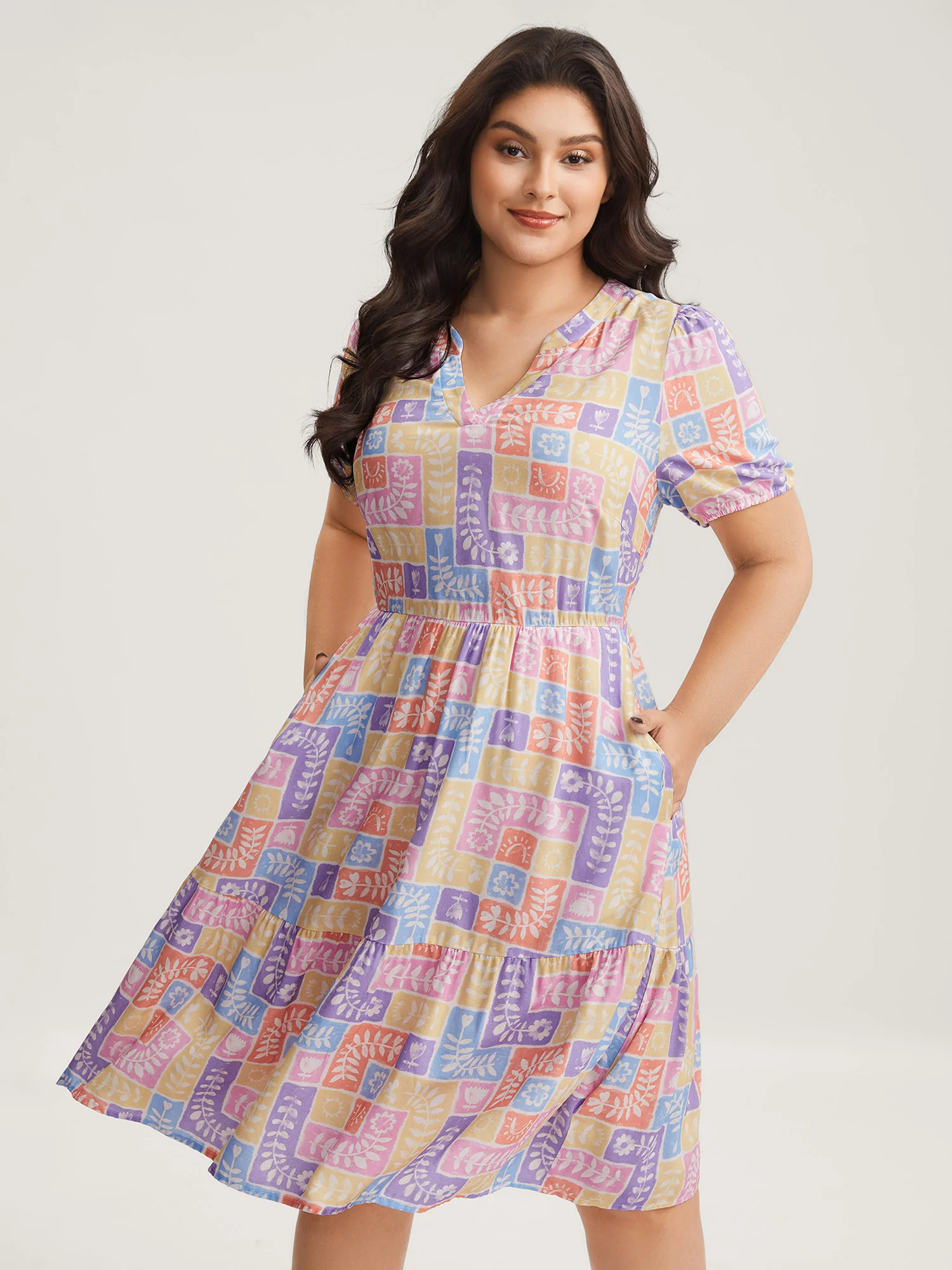 Rayon Floral Collage Stretchy Waist Midi Dress