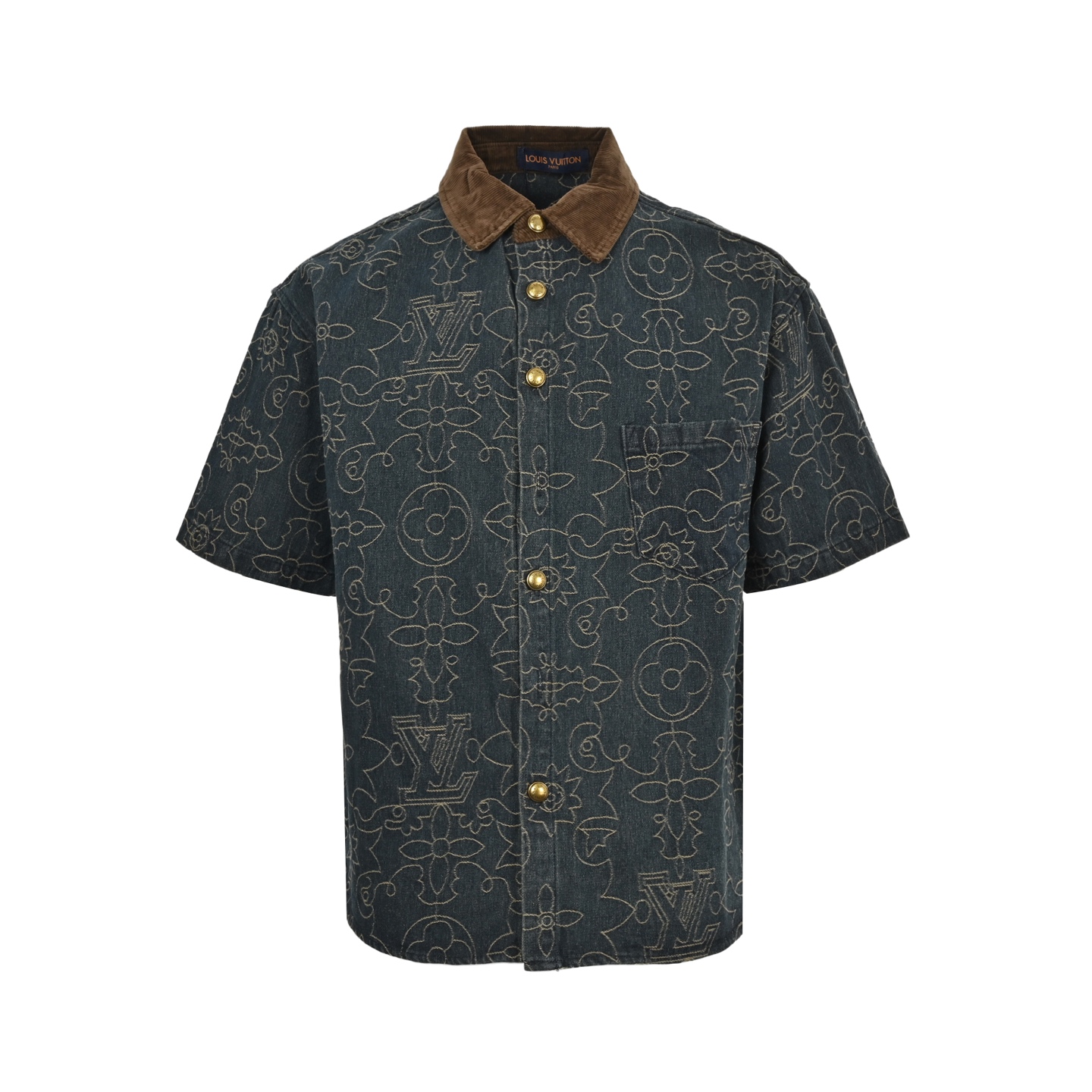 Louis Vuitton 25ss gold thread vine embroidered denim short sleeve shirt
