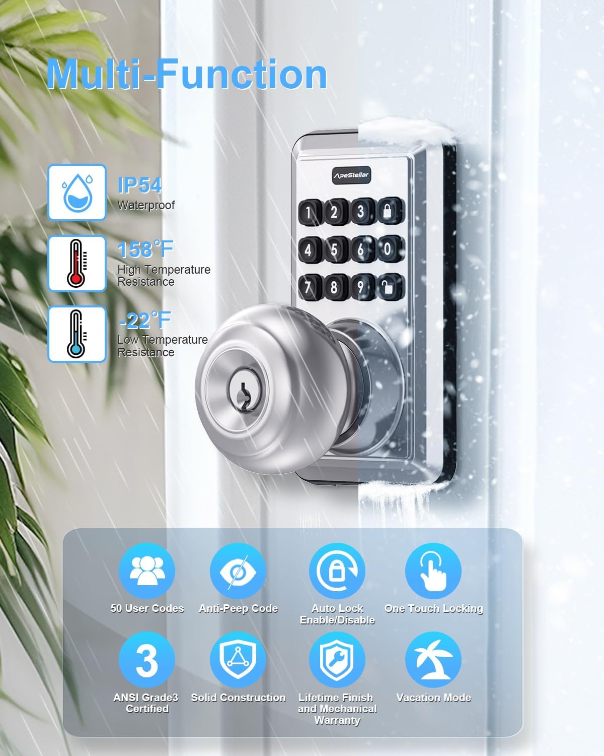 Door Knob with Keypad, Door Lock with Code, Keyless Door Knob, Auto Lock,50 User Code,Waterproof, Easy to Install and Program for Bedroom Garage Office Gate - Satin Nickel -ApeStellar