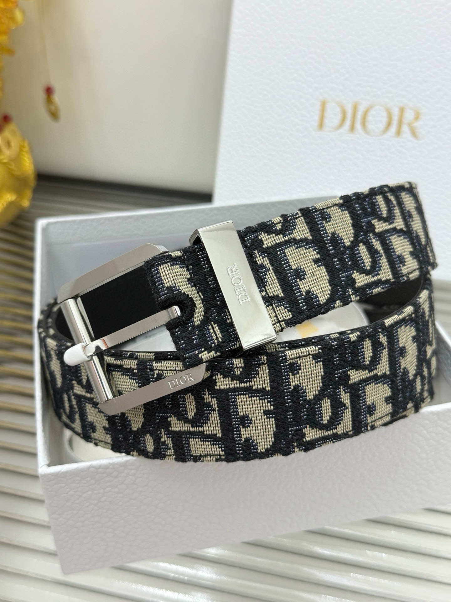 Dior pin buckle canvas leather belt 3.5CM wide
