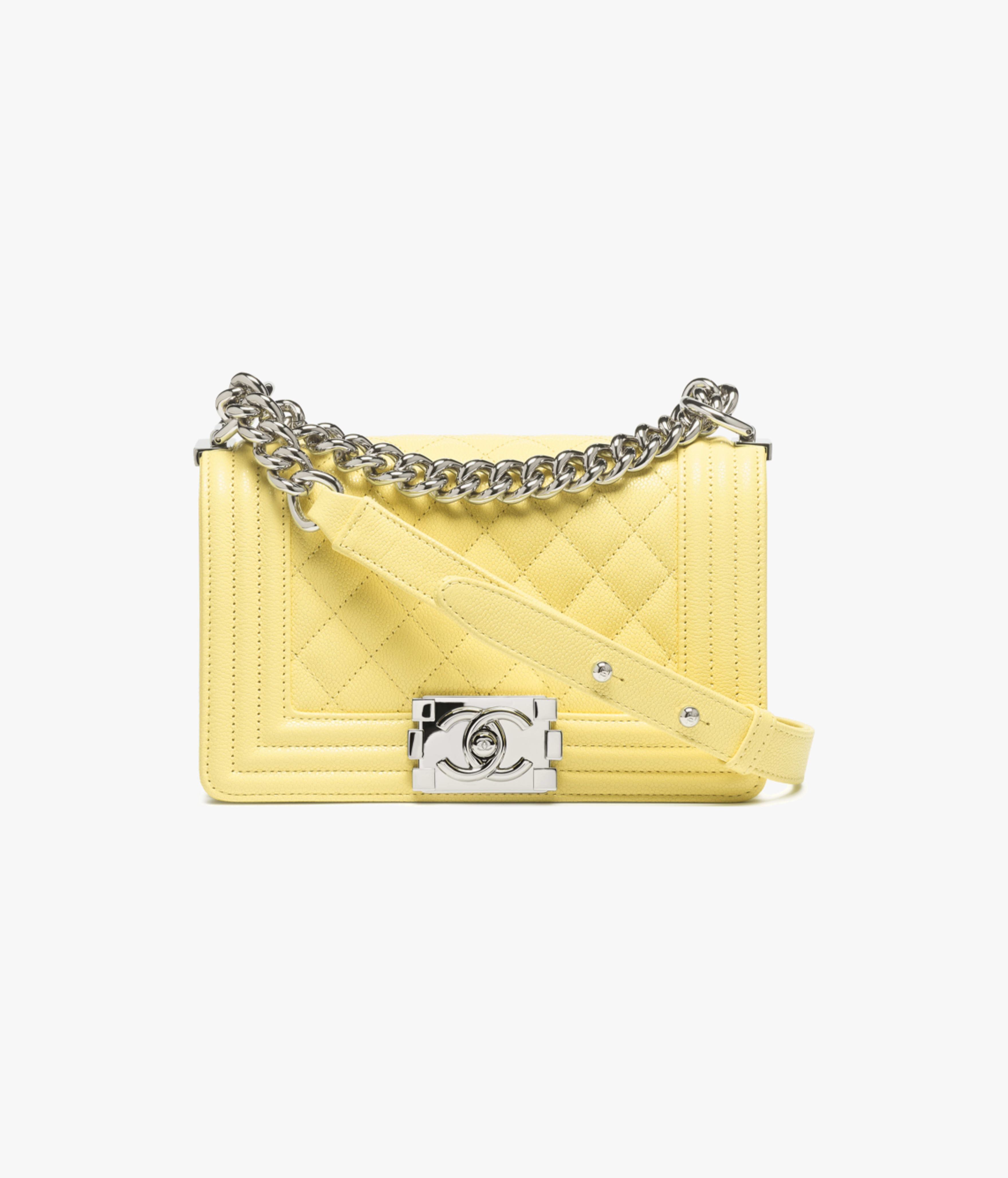 CHANEL Small BOY CHANEL Handbag Shiny Grained Calfskin & Silver-Tone Metal Light Yellow A67085-B15536-NAAUK