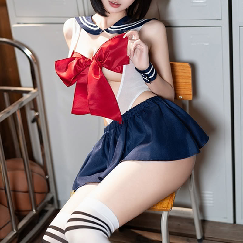 Cosplay Sailor Collar Hollow Out Bow Lingerie Set