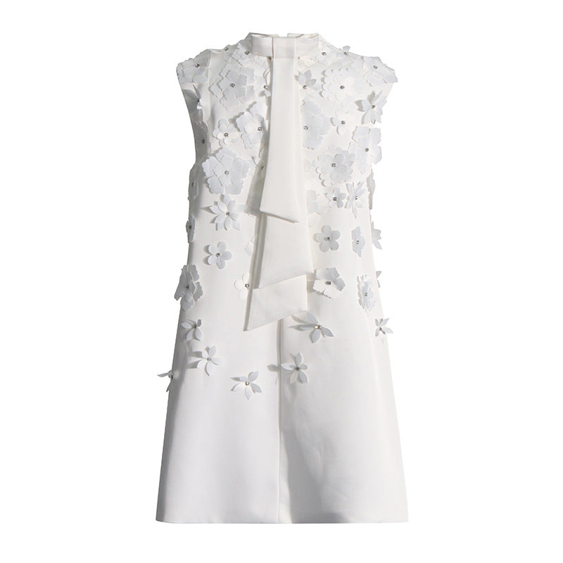 Socialite Graceful Stand Collar Loose Short Dress Beaded Three Dimensional Floral Sleeveless Dress Women
