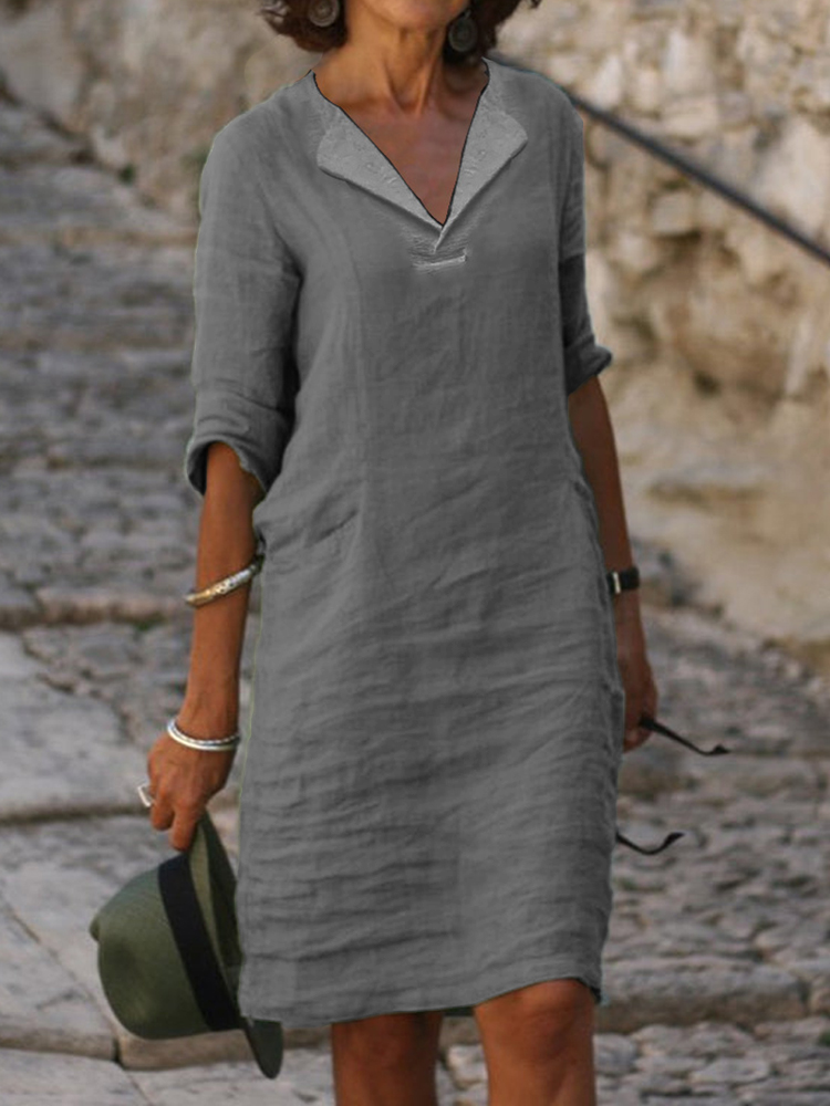 Lapel V Neck Linen Cotton Midi Dress