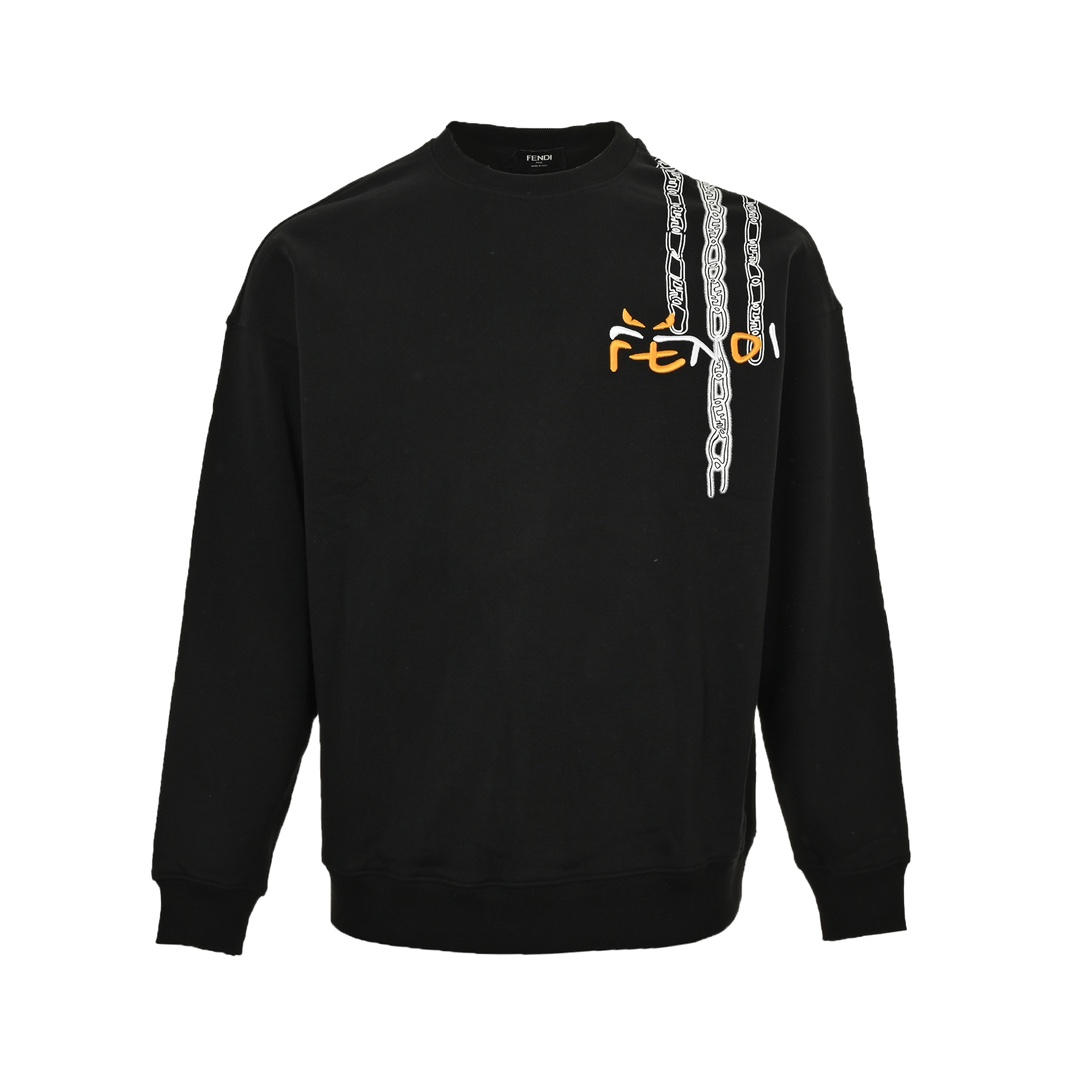 Fendi 24Fw crewneck sweatshirt with shoulder chain print and graffiti logo embroidery