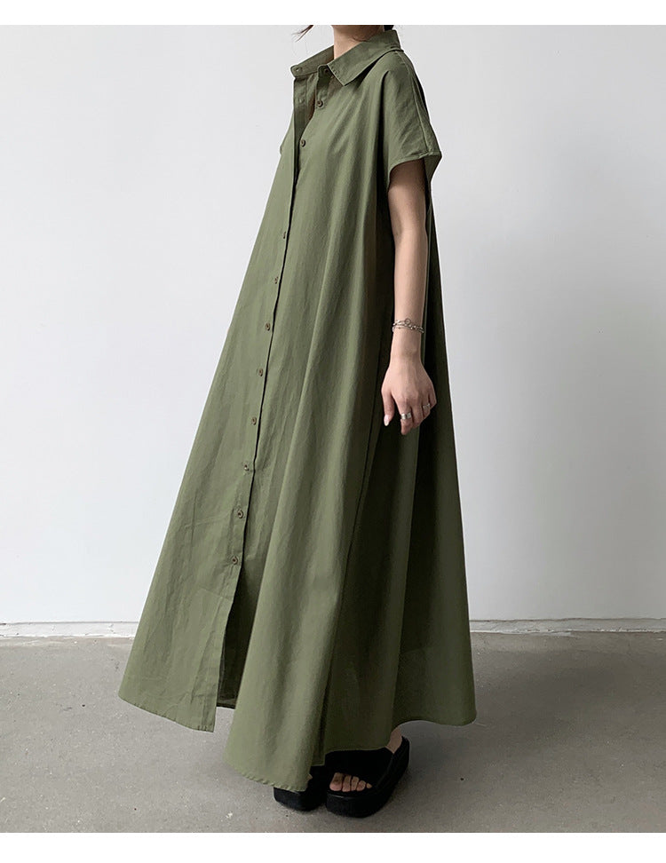 Summer Dress Women Pullover Short Sleeve Linen Solid Color Loose Lapels Casual Shirt Dress