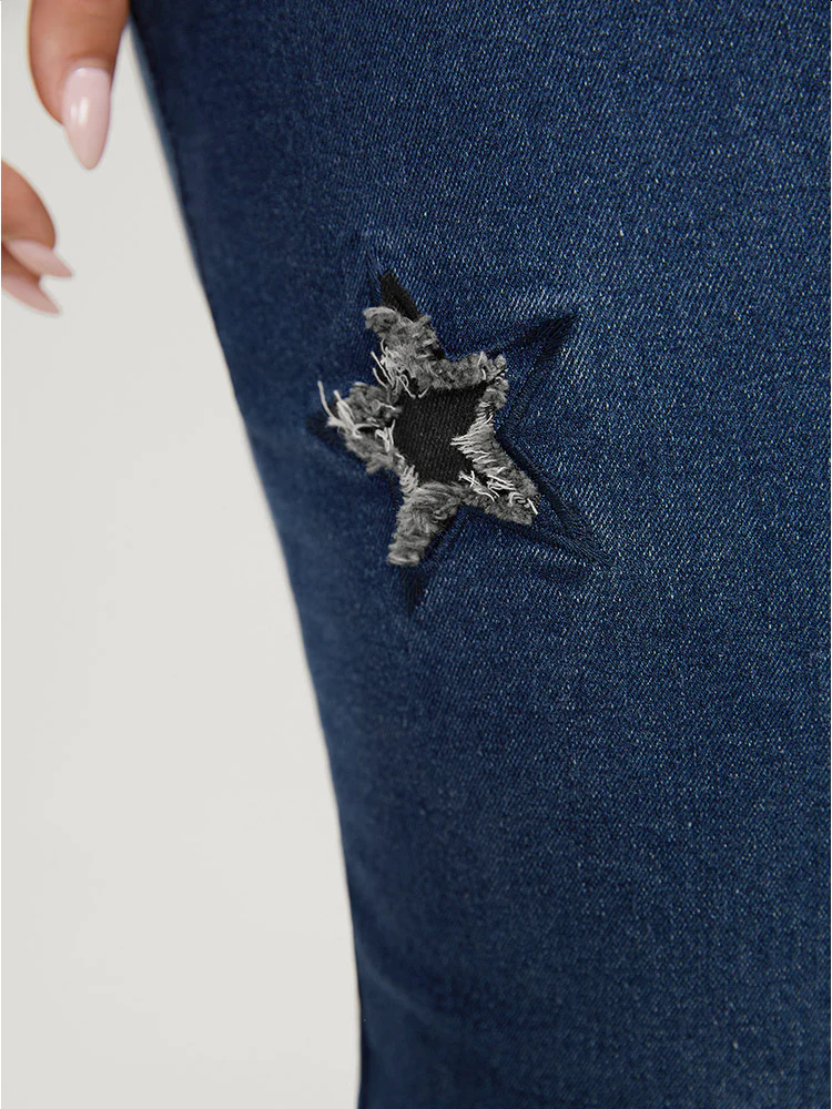Very Stretchy High Rise Medium Wash Star Embroidery Jeans