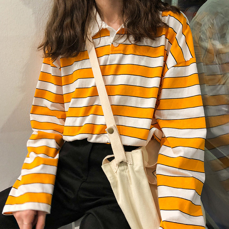 Loose Casual Vintage Striped Turn Down Collar