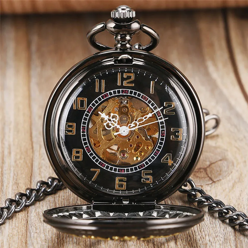 Antique Black Pocket Watch Skeleton Automatic Mechanical Watches for Men Women Arabic Number Half Hunter Clock Pendant Chain