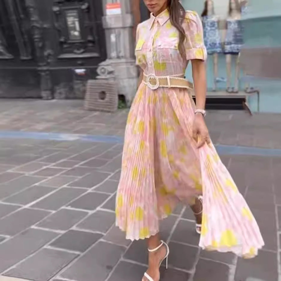 Elegant Lapel Printed Pleated Dress for Women