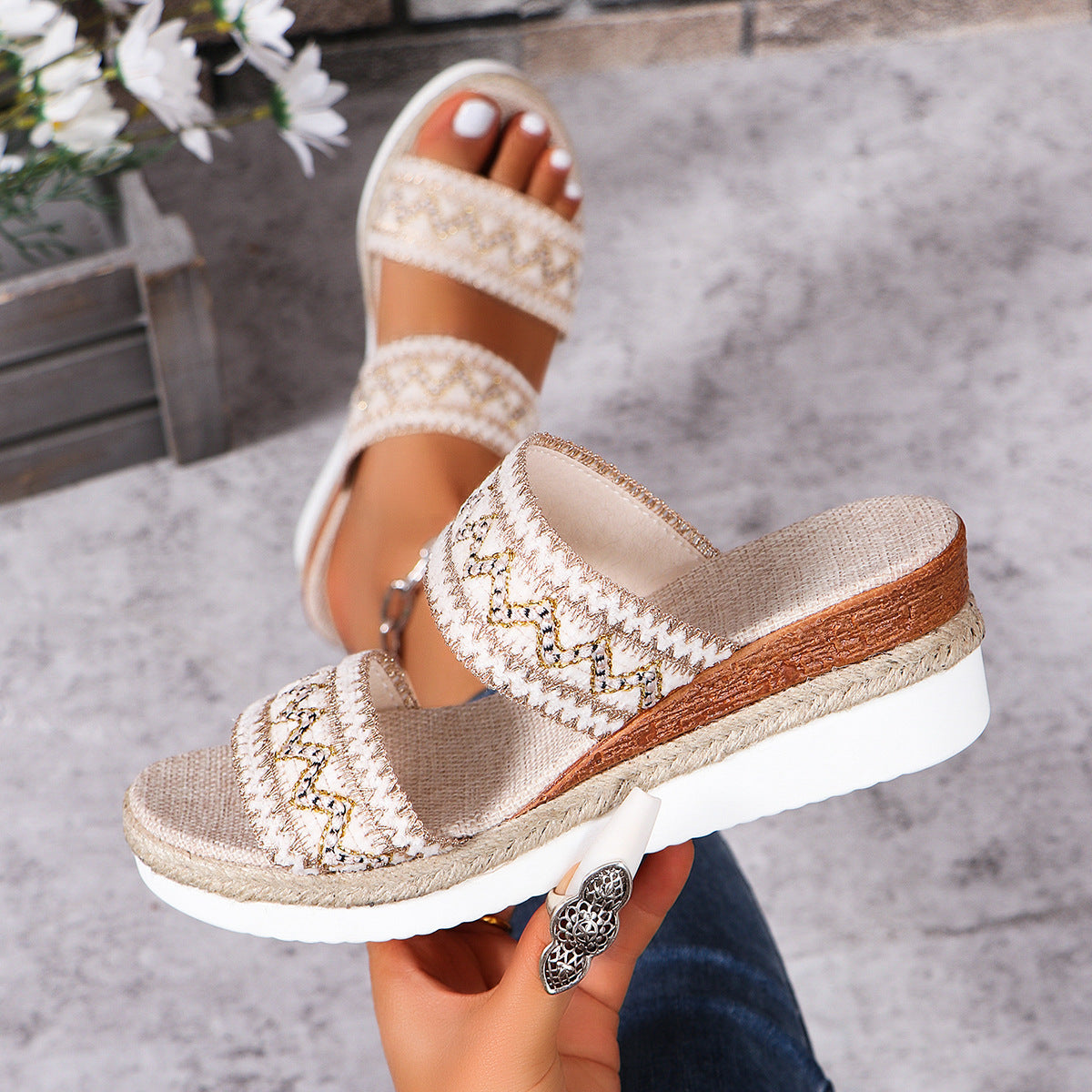 Ethnic Style Woven Sandals: Casual Summer Linen Bottom Slippers with Wide Strap Wedges for Women