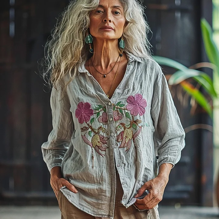 Bohemian Linen Floral Art Print  Long Sleeve Shirt