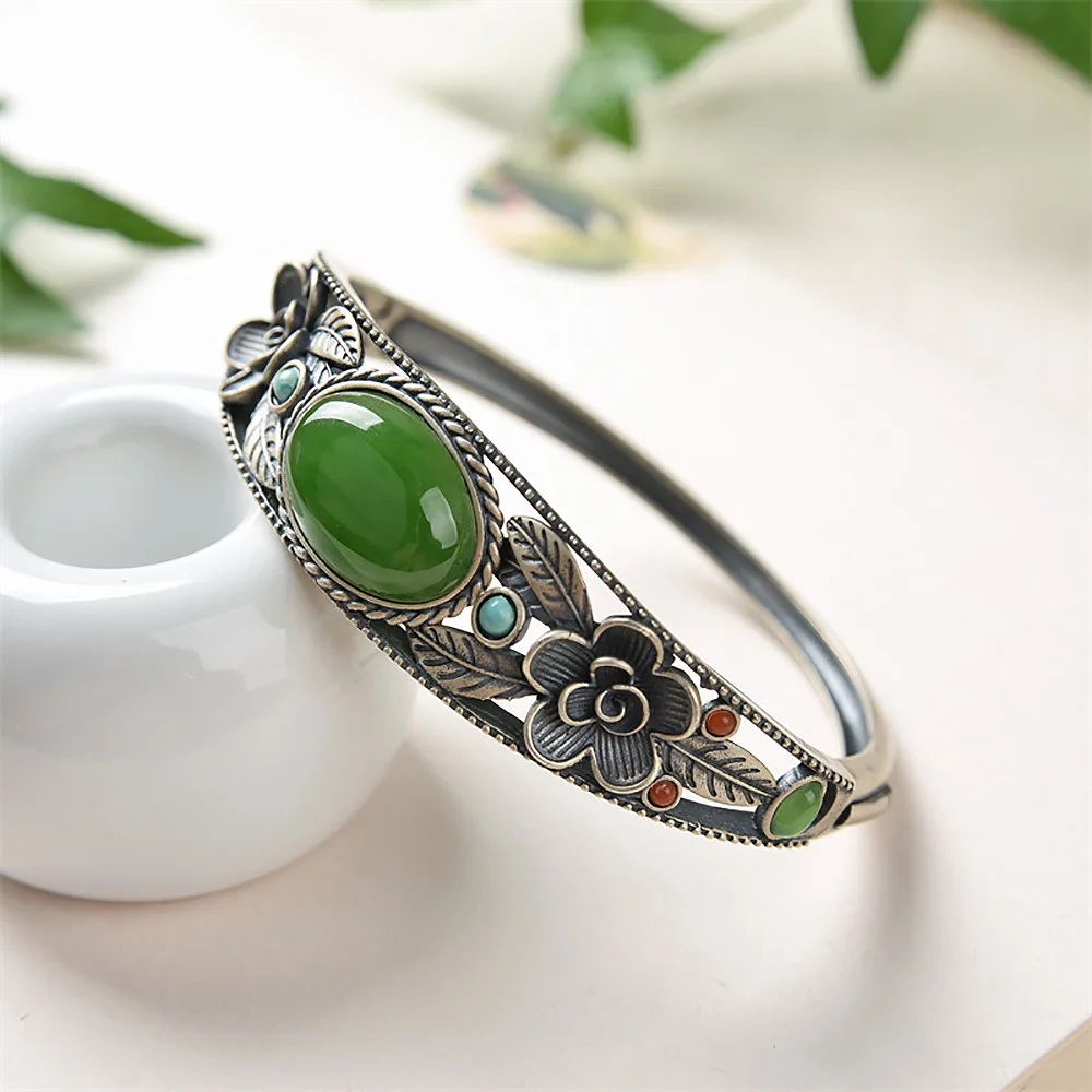Natural Hotan Jade Luxury Women's Bracelets Bangles Red Agate Turquoise Carved Flowers Vintage New In Bracelets Punk Jewelry