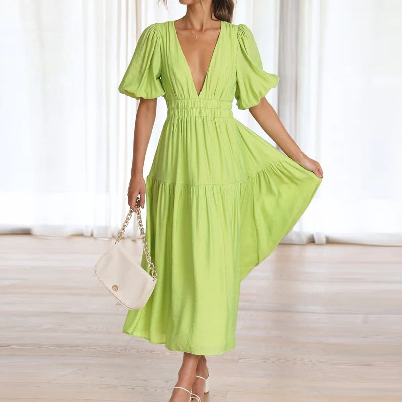 Women Casual Short Sleeve Deep V-neck Dress Ladies Loose High Waist Office Dress