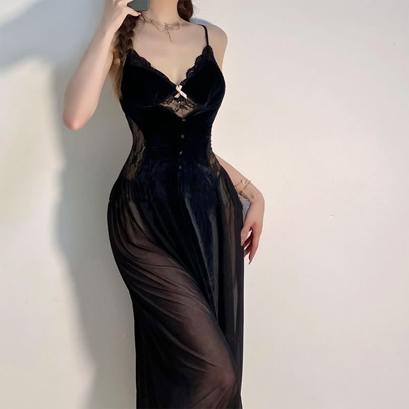 V-neck Backless Mesh Split Slip Lingerie Dress