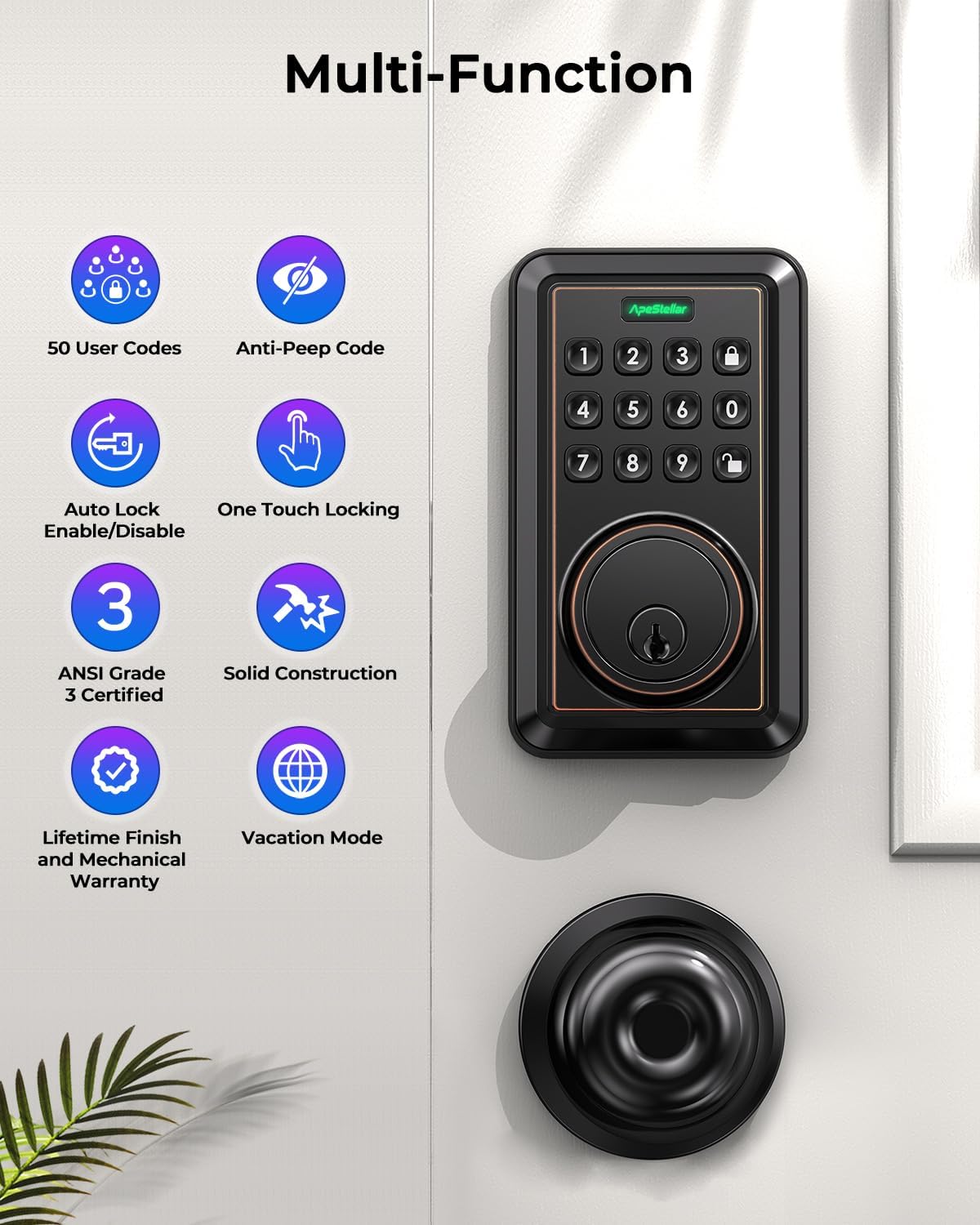 Keyless Entry Door Lock with Keypad - Electronic Keypad Deadbolt - Keyed Entry, Auto Lock, Anti-Peeking Password - Electronic Door Lock - Easy Installation - Oil-Rubbeb Bronze -ApeStellar