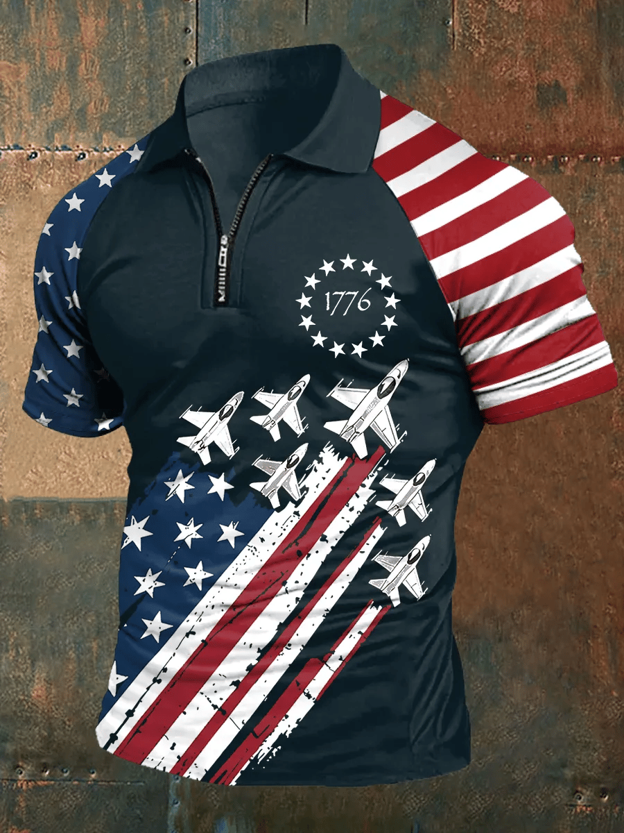 Men's  Independence Day American Flag 1776 Print Zip-Up Raglan Sleeve Polo Shirt