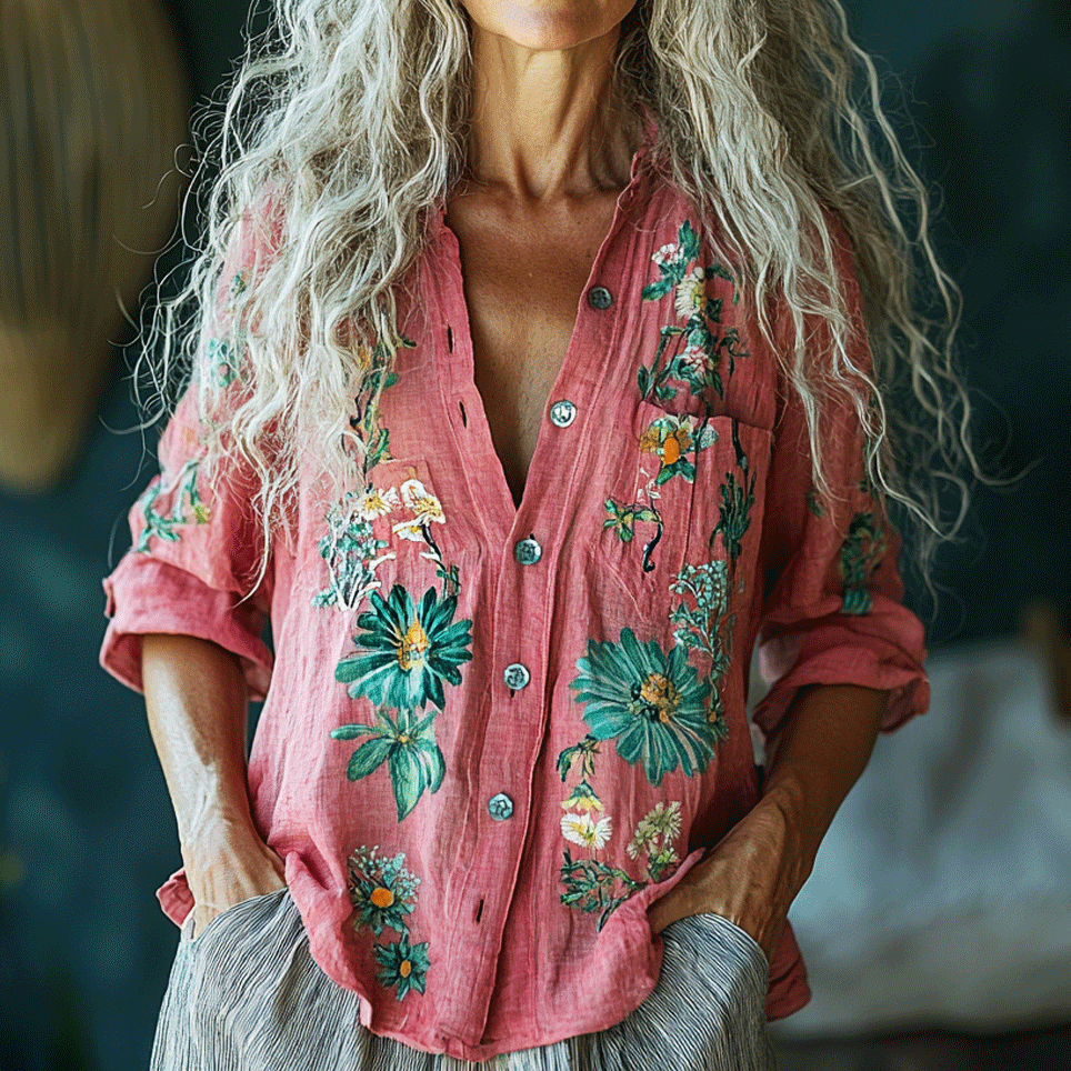 Retro Bohemian Style Linen Floral Art Print Long Sleeve Loose  Shirt