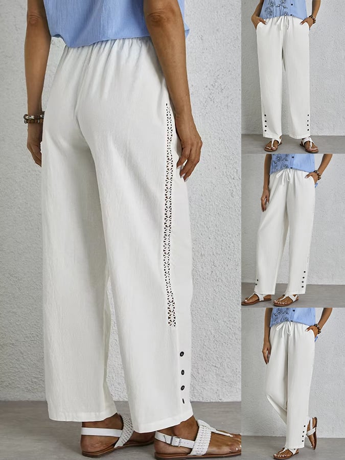 Casual Elegant Lace-Up With Pockets Buttons Lace Side Cotton Linen Trousers
