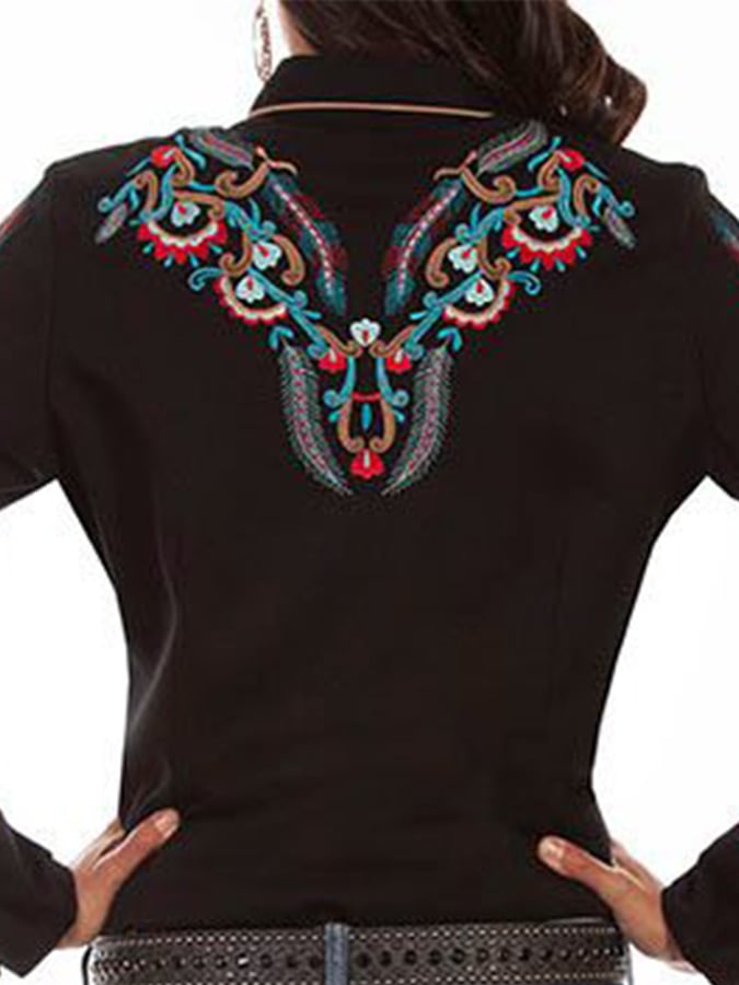 Women's Vintage Western Art Print Casual Linen Shirt