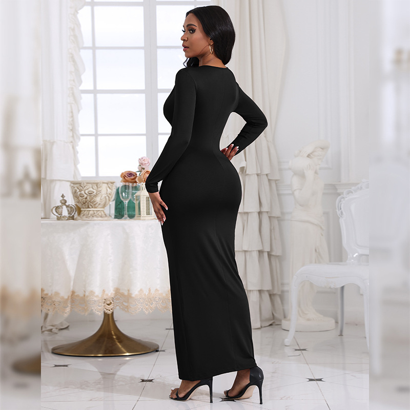Fashionable sexy v-neck slim pleats solid color long sleeves dress