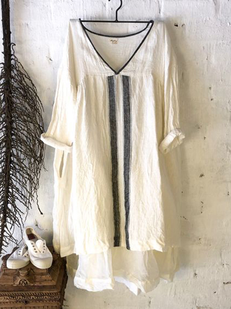 Cotton Linen V-Neck Panel Midi Dress
