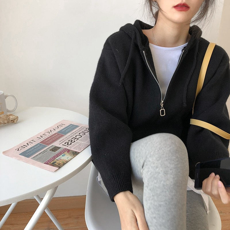 Elegant Hooded Knitted Coat – Loose Short Sweater