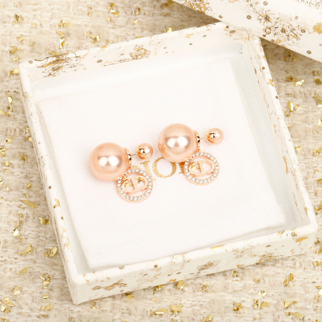 Dior Round Crystal CD Double Ball Pearl Earrings