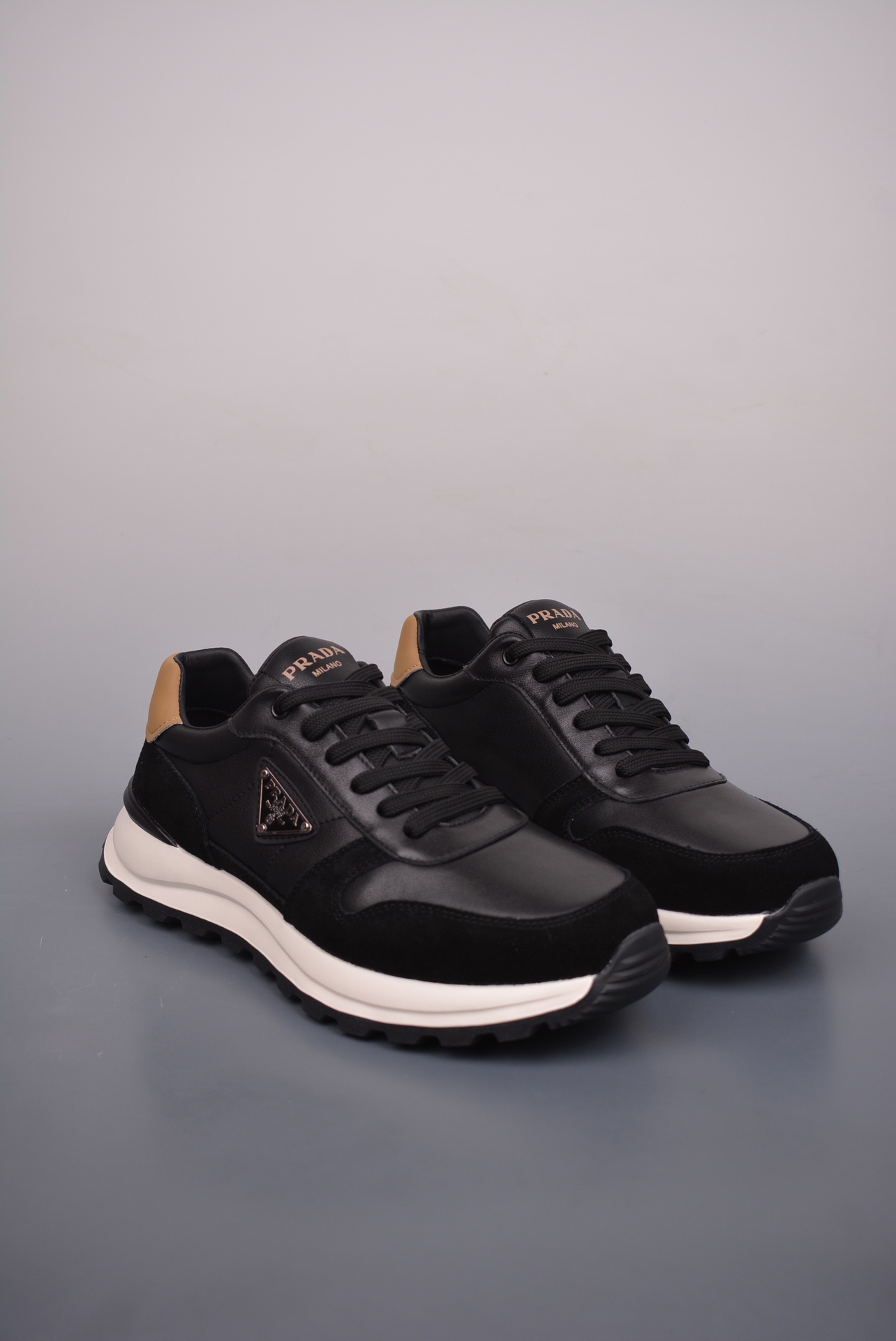 Prada PRAX 01 Triangle Logo Leather Sneakers Black White Brown 3D955M_3LF5_FG000