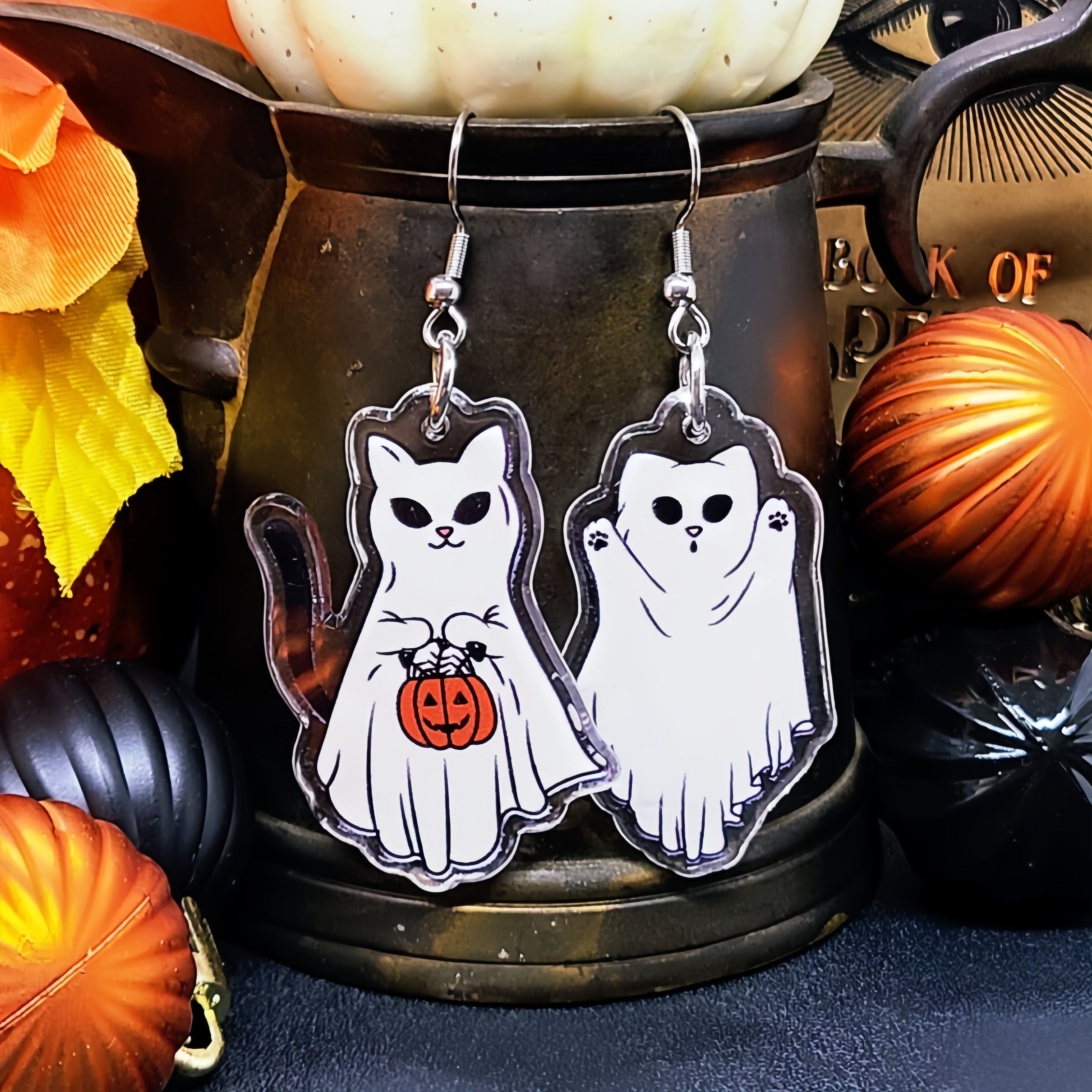 Spooky Novelty Ghost Cat Earrings