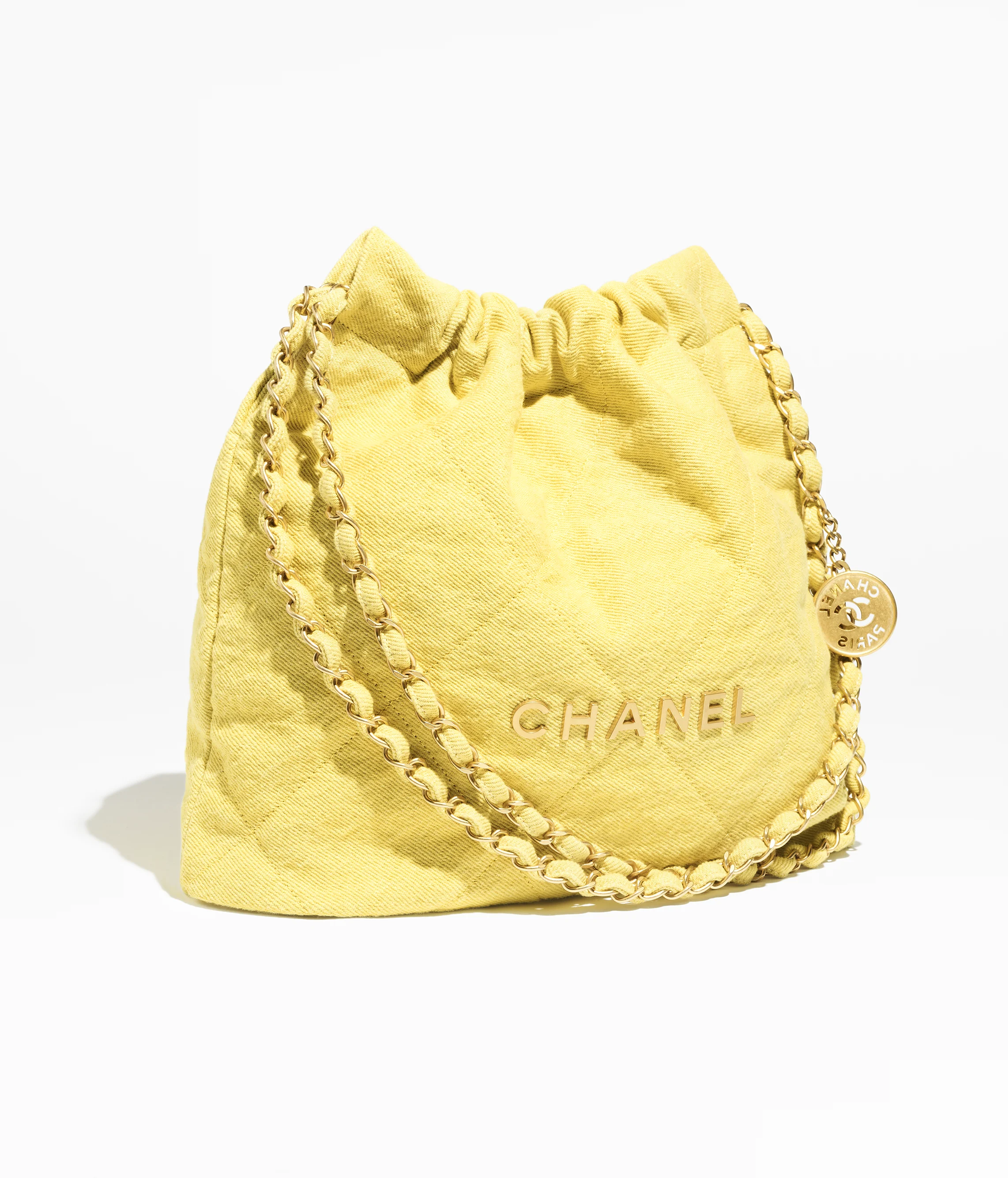 CHANEL 22 Small Top Handle Bag Shiny Calfskin & Gold-Tone Metal Yellow