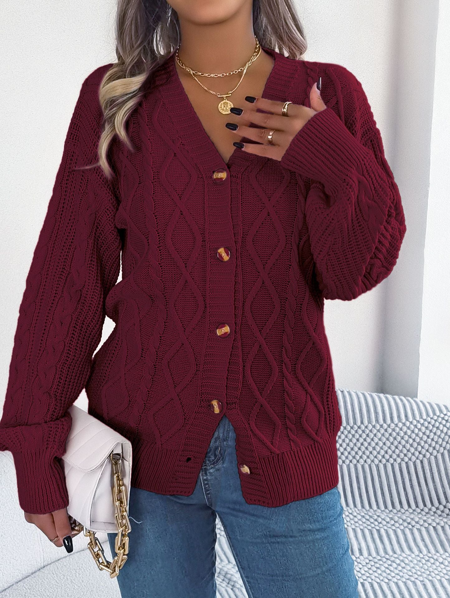V-neck Lantern Sleeve Twist Button Sweater Coat for Women | Stylish Knitwear